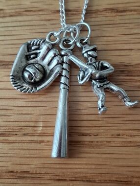 NWT Silver Baseball Bat, Glove & Player Charm Necklace